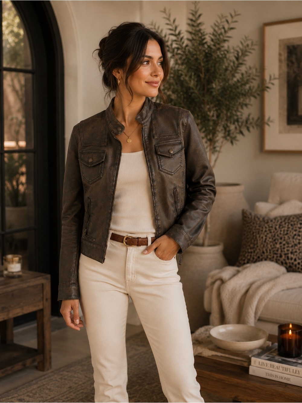 Brown Leopard Print Lined Faux Leather Jacket